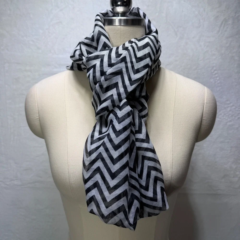 Black White Chevron Print Sheer Kimono Wrap Open Front Chiffon Shawl Coverup